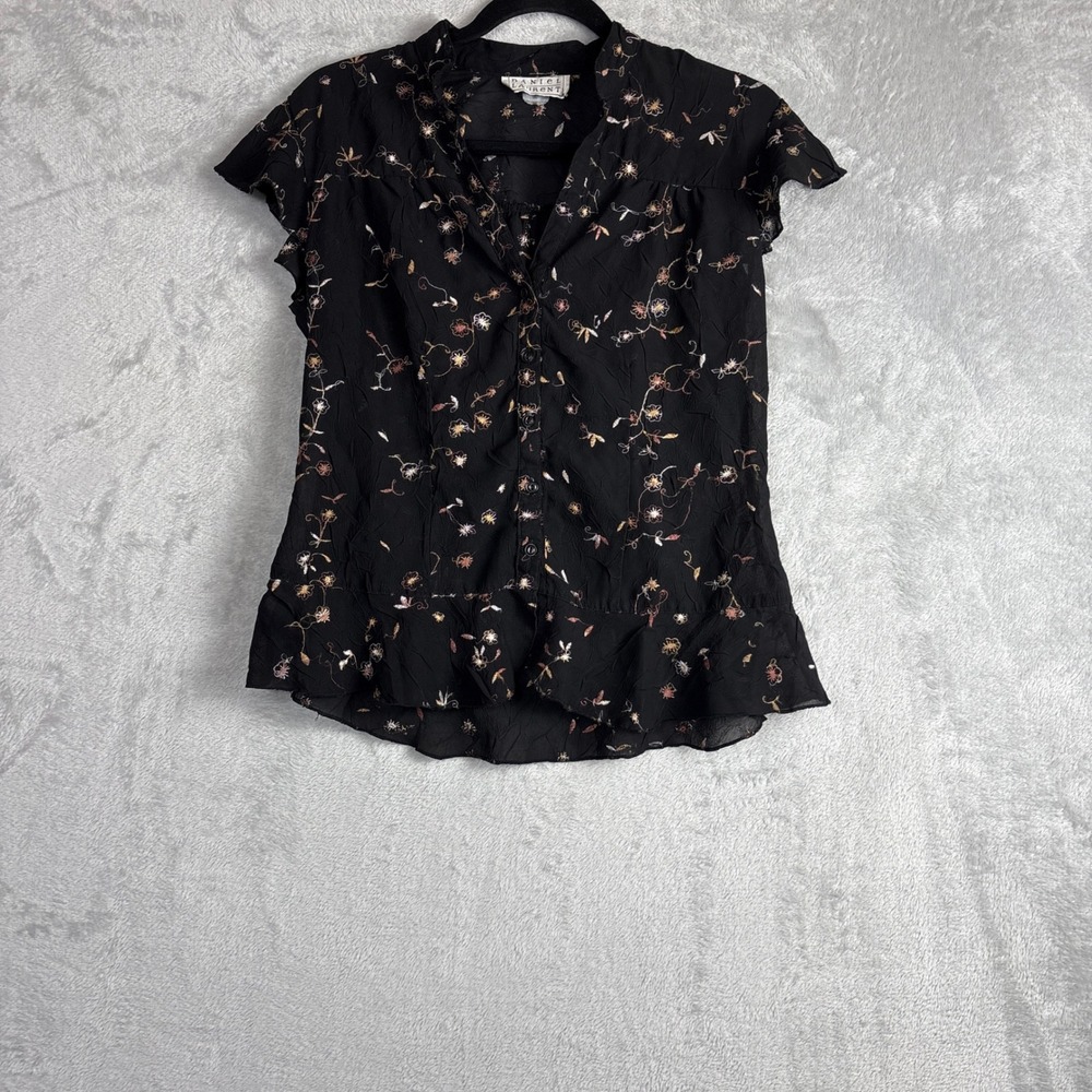 Vintage Daniel Laurent Blouse Floral Crinkle Ruffle Hem XL Black Floral Boho